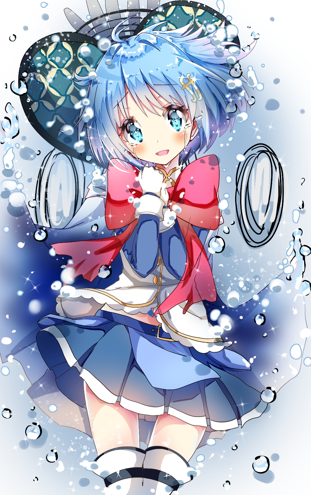 1girl air_bubble belt belt_buckle black_belt blue_background blue_belt blue_cape blue_eyes blue_gemstone blue_hair blue_skirt blue_sleeves bow bowtie bubble buckle buttons cape cowboy_shot crying crying_with_eyes_open detached_sleeves dot_nose eyelashes floating_clothes floating_hair fortissimo frilled_shirt frills gem gloves gradient_background hair_ornament hairclip hands_on_own_chest highres light_blush light_particles magical_girl mahou_shoujo_madoka_magica mahou_shoujo_madoka_magica_(anime) midriff_peek miki_sayaka miki_sayaka_(magical_girl) miniskirt musical_note musical_note_hair_ornament oktavia_von_seckendorff open_mouth pleated_skirt red_bow red_bowtie sad_smile sakuya_no_aotori shirt short_hair skirt smile solo sparkle standing stomach_jewel streaming_tears tareme tears thigh_belt thigh_strap thighhighs two-sided_cape two-sided_fabric white_background white_cape white_gloves white_shirt white_thighhighs