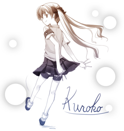 00s 1girl between_fingers female_focus full_body holding ikawa_waki knife kuroko monochrome school_uniform serafuku shirai_kuroko solo thigh_strap toaru_kagaku_no_railgun toaru_majutsu_no_index twintails