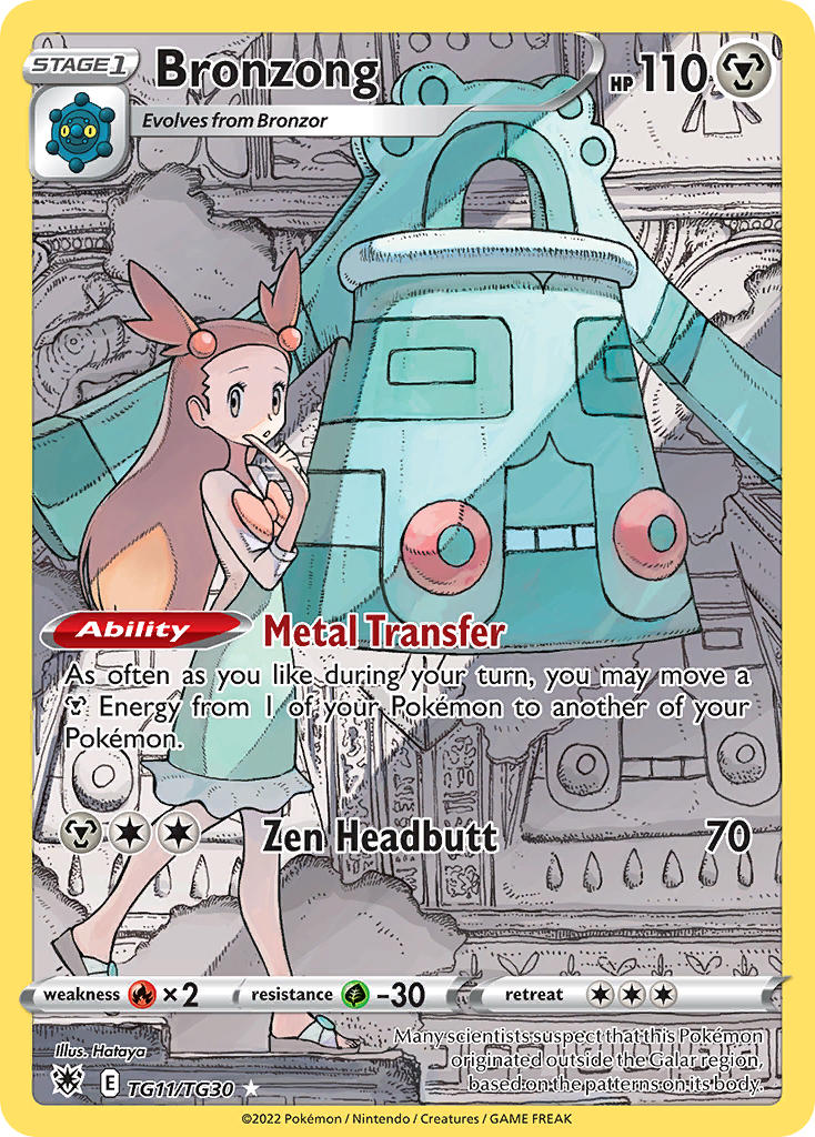 1girl :o artist_name bow bronzong bronzor brown_eyes brown_hair card_(medium) character_name company_name copyright_name copyright_notice dress english_text eyelashes floating gen_4_pokemon hair_bobbles hair_ornament hand_on_own_face hataya jasmine_(pokemon) long_hair nintendo official_art orange_bow pokemon pokemon_(creature) pokemon_card pokemon_hgss pokemon_tcg sandals short_twintails standing third-party_source trading_card twintails