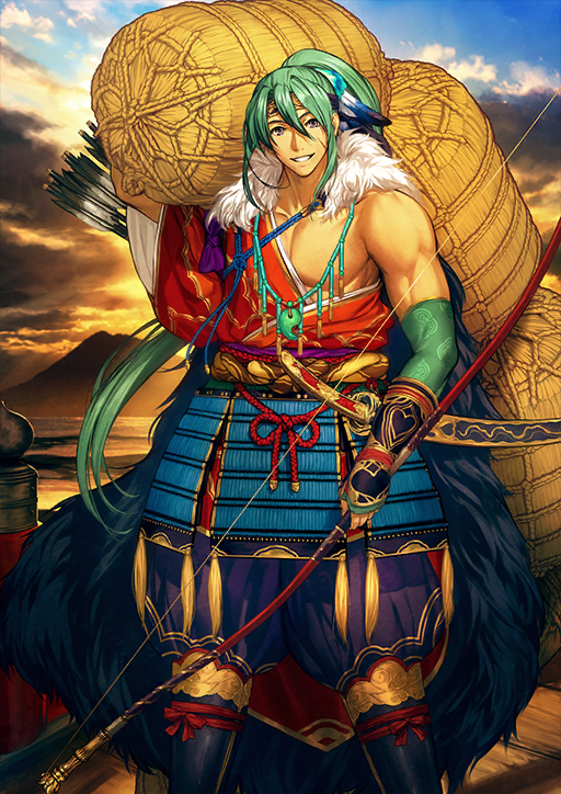 1boy arm_at_side arm_up armor armored_gloves arrow_(projectile) bead_necklace beads black_boots black_headband boots bow_(weapon) bridge cape carrying_over_shoulder cloud cloudy_sky double-parted_bangs elbow_gloves facial_scar fate/grand_order fate_(series) feather_hair_ornament feathers fingerless_gloves fur_cape gloves green_gloves green_hair grin hadanugi_dousa hair_between_eyes hair_ornament headband high_ponytail holding holding_bow_(weapon) holding_weapon japanese_armor japanese_clothes jewelry kimono komedawara kusazuri legs_apart long_hair looking_at_viewer magatama magatama_necklace male_focus mountain necklace official_art open_kimono pants pectorals ponytail puffy_pants purple_eyes purple_pants purple_sash red_kimono rope sash scar scar_on_cheek scar_on_face sheath sheathed sidelocks simosi single_bare_shoulder single_glove sky smile solo standing tassel tasuki tawara_touta_(fate) teeth third-party_source toned toned_male variant_set very_long_hair weapon wide_sleeves