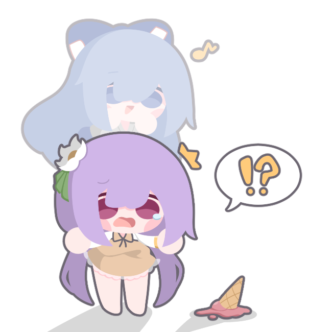 !? 2girls baek_ban blue_eyes blue_hair chibi dress food ice_cream long_hair multiple_girls purple_eyes purple_hair simple_background touhou tsukumo_benben white_background yellow_dress yorigami_shion