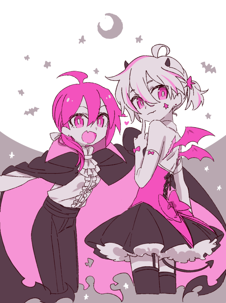 1boy 1girl :d ahoge alpha_omega_nova bow cape costume crescent_moon crossdressing demon_tail duo_chromatic elbow_gloves facial_tattoo fang finger_to_mouth gloves halloween halloween_costume looking_back luluco moon mt.somo open_mouth ponytail scar smile spoilers star_(symbol) tail tattoo trigger-chan uchuu_patrol_luluco vampire_costume wings
