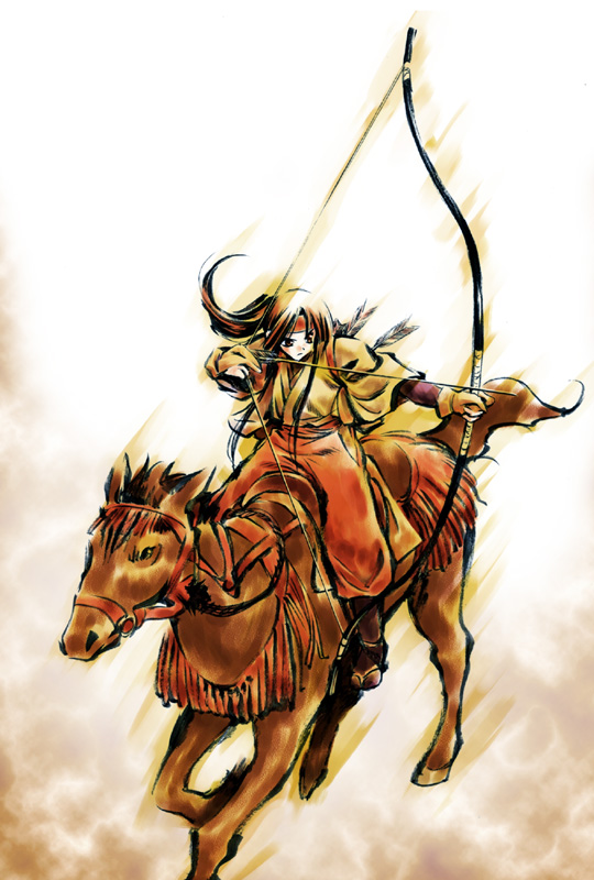1girl archery arrow_(projectile) bow_(weapon) brown_eyes brown_footwear brown_gloves brown_hair brown_kimono closed_mouth commentary_request drawing_bow fine_art_parody full_body gloves headband holding holding_bow_(weapon) holding_weapon horseback_archery horseback_riding japanese_clothes kimono long_hair looking_to_the_side morino_kiriko nihonga original parody ponytail riding saddle solo v-shaped_eyebrows weapon white_background