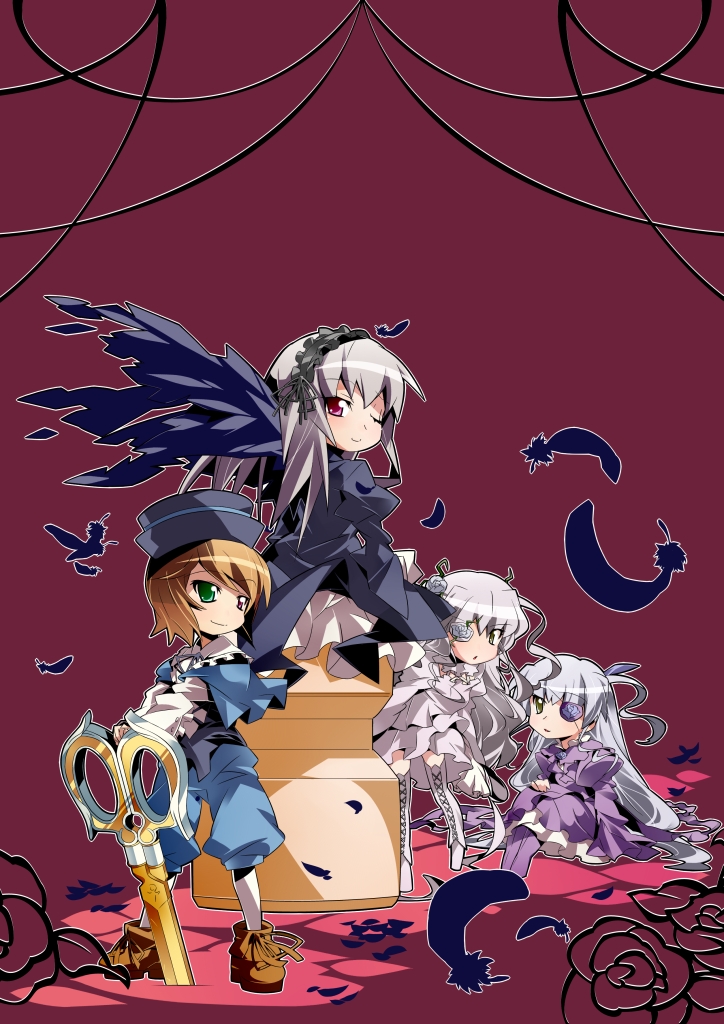 00s 4girls barasuishou brown_hair feathers flower flower_eyepatch flower_over_eye green_eyes hairband hat heterochromia kirakishou long_hair multiple_girls nyuusankin one_eye_closed red_eyes ribbon rose rozen_maiden scissors short_hair silver_hair souseiseki suigintou wings wink
