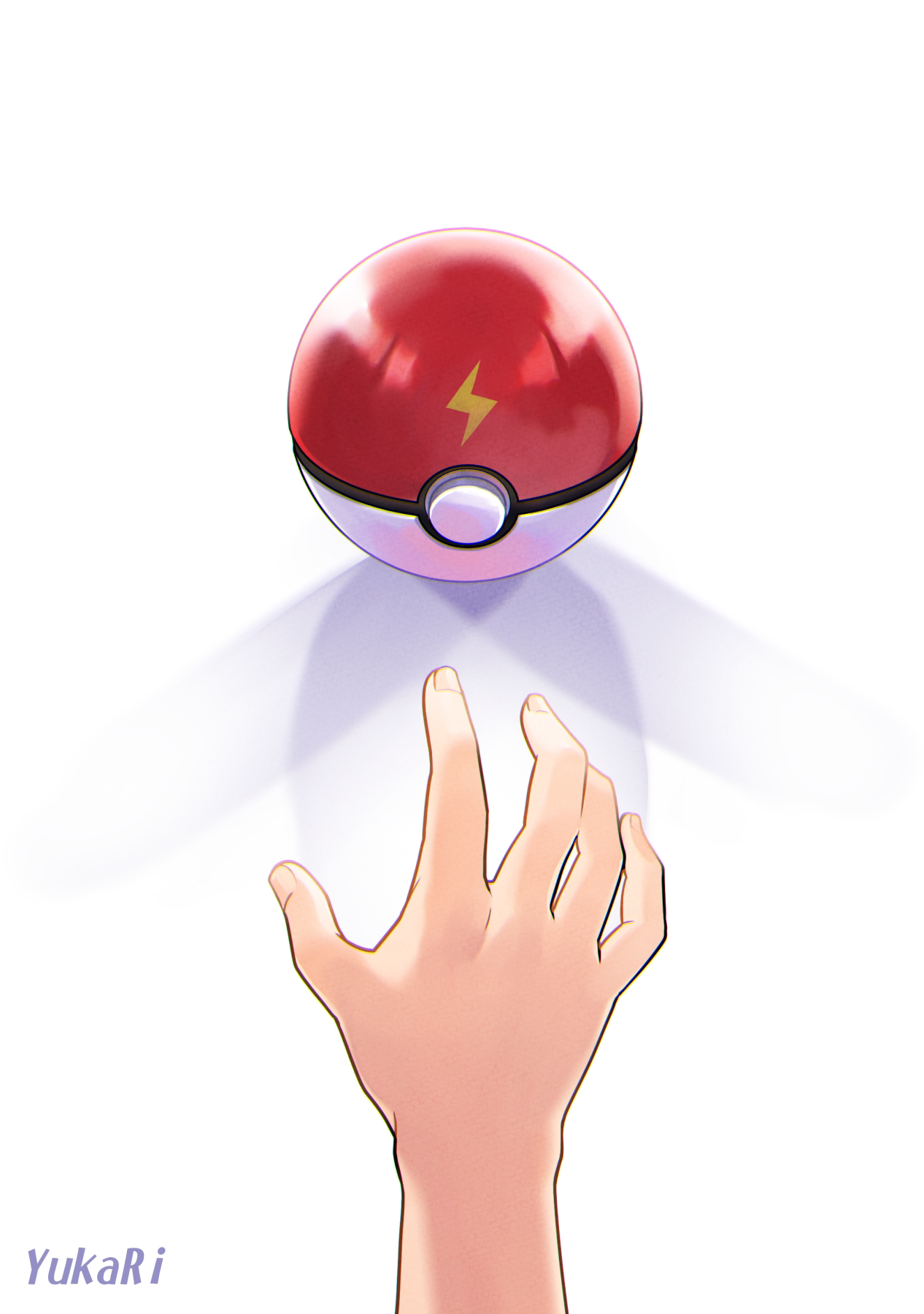 1other artist_name capsule commentary_request fingernails highres lightning_bolt_print nintendo poke_ball pokemon pokemon_(anime) reaching shadow watermark white_background yukari_(yukari21653710)