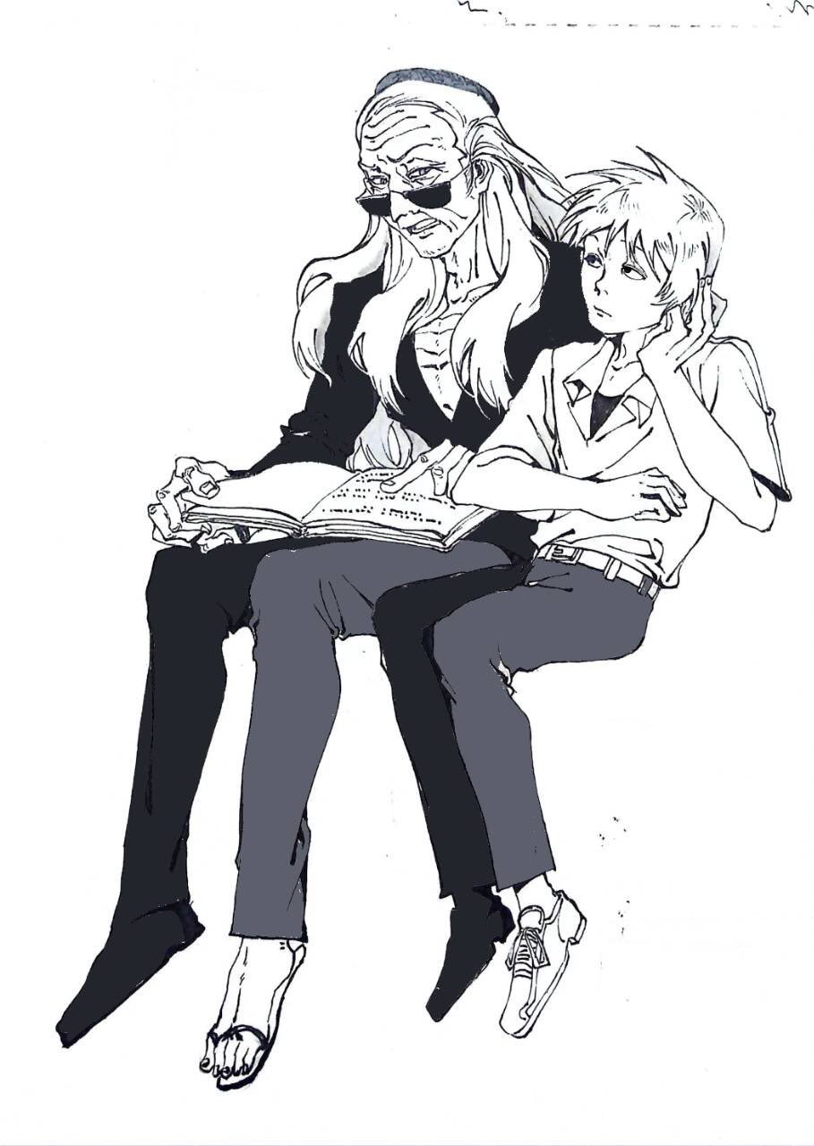 2boys akagi:_yami_ni_oritatta_tensai akagi_shigeru belt book chinese_commentary closed_mouth collared_shirt commentary_request expressionless fukumoto_mahjong full_body greyscale hand_on_own_cheek hand_on_own_face highres ichikawa_(akagi) invisible_chair long_hair looking_at_another looking_to_the_side male_focus monochrome multiple_boys nanji_yuan_zhumin old old_man open_mouth pants sandals shirt shoes simple_background sitting sunglasses wrinkled_skin
