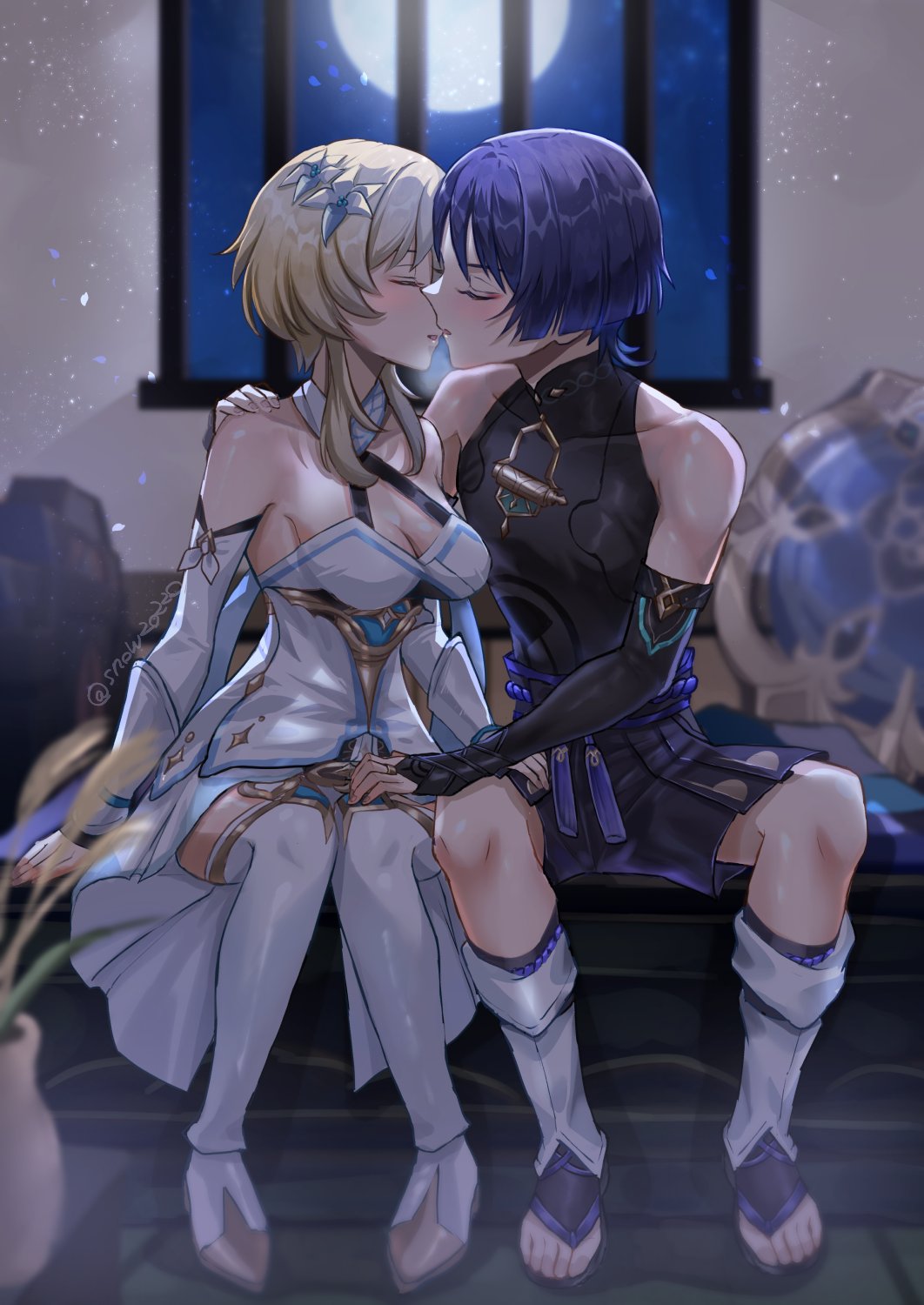 1boy 1girl bare_shoulders black_gloves black_hair black_shirt black_shorts blonde_hair blush closed_eyes dress flower genshin_impact gloves hair_between_eyes hair_flower hair_ornament hakama hakama_shorts highres imminent_kiss japanese_clothes long_hair lumine_(genshin_impact) mandarin_collar open_mouth purple_eyes purple_hair scaramouche_(genshin_impact) shirt short_hair short_sleeves shorts snow20200 wanderer_(genshin_impact) white_dress white_flower