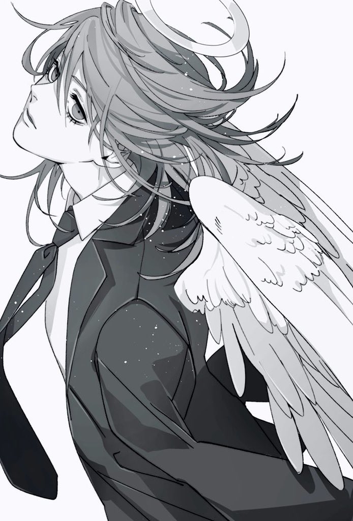 1boy angel_devil_(chainsaw_man) angel_wings black_suit chainsaw_man collared_shirt dutch_angle formal_clothes greyscale halo long_sleeves looking_up male_focus medium_hair monochrome necktie shirt simple_background siraco_(sira5_3) solo suit traditional_halo upper_body white_background white_shirt wings