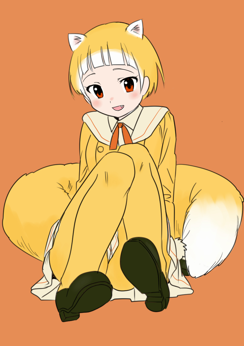 10s 1girl bad_id bad_tumblr_id blonde_hair bow bowtie fang female_focus japanese_marten_(kemono_friends) kemono_friends marten_ears marten_tail momosuke_(ishakry) multicolored_hair open_mouth orange_background pantyhose red_eyes short_hair simple_background sitting solo two-tone_hair white_hair
