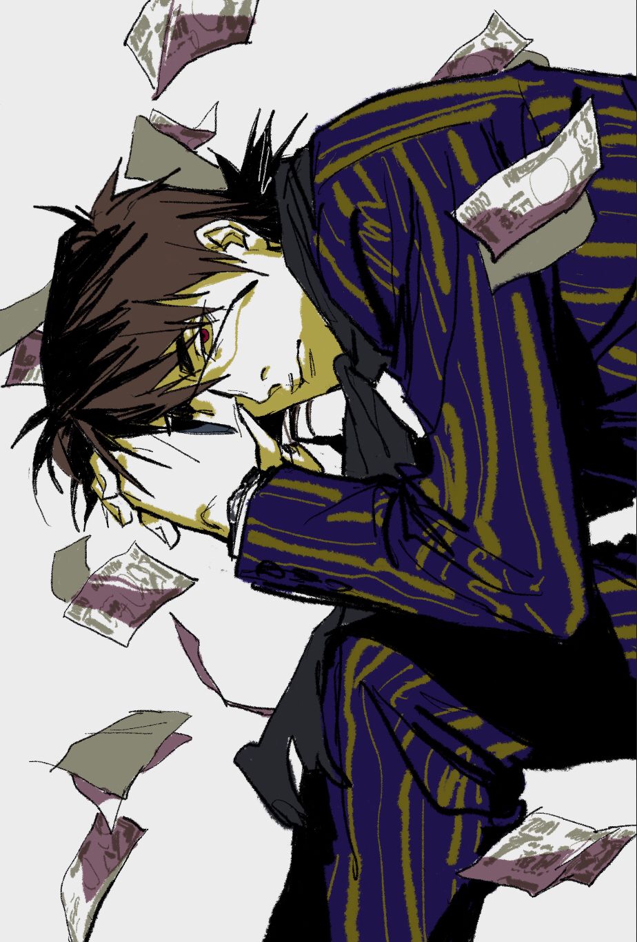 1boy banknote brown_hair closed_mouth commentary_request expressionless falling_money feet_out_of_frame hair_between_eyes highres hyoudou_kazuya jacket kaiji leaning_forward looking_at_viewer male_focus money pants purple_jacket purple_pants red_eyes short_hair simple_background sitting solo striped_clothes striped_jacket striped_pants sunglasses vertical-striped_clothes vertical-striped_jacket vertical-striped_pants white_background zvz_(tt82295946)