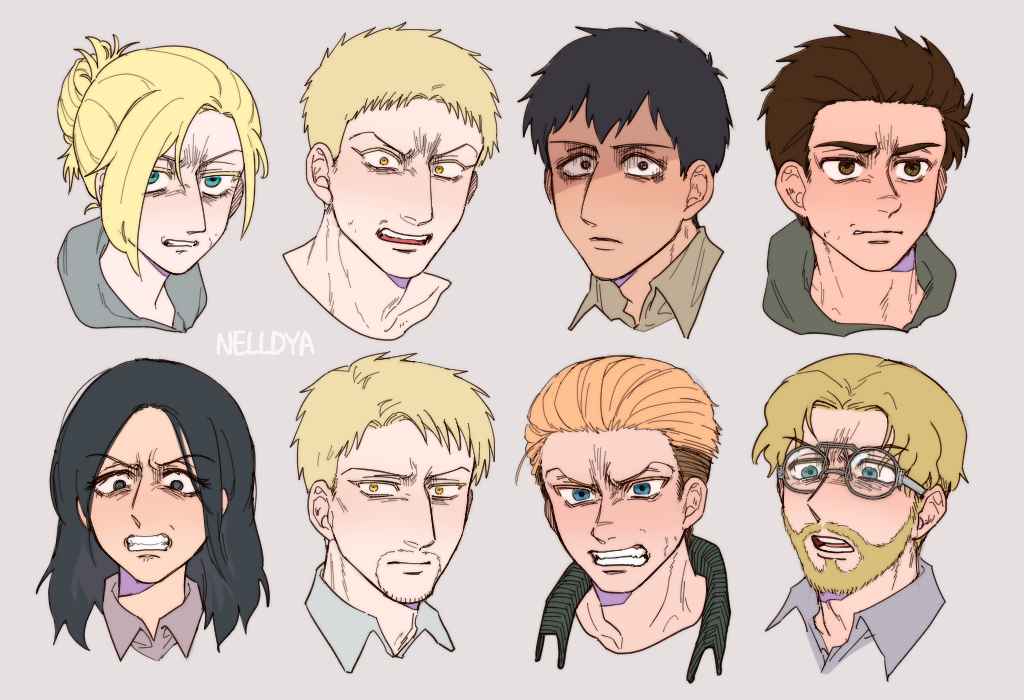 2girls 6+boys angry annie_leonhart beard bertolt_hoover black_eyes black_hair blonde_hair blue_eyes brown_eyes brown_hair collar facial_hair glasses hair_pulled_back hair_slicked_back hood hoodie long_hair looking_at_viewer marcel_galliard medium_hair mina_(als_dk) multiple_boys multiple_girls pieck_finger ponytail porco_galliard reiner_braun shingeki_no_kyojin short_hair undercut yellow_eyes zeke_yeager