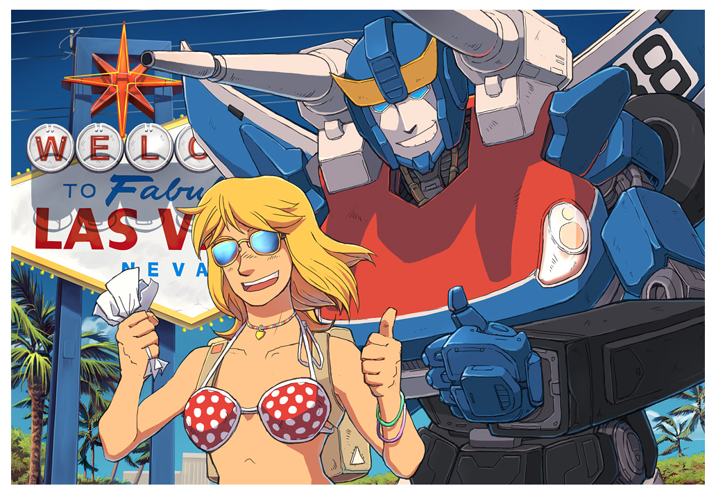1boy 1girl autobot bikini bikini_top_only blonde_hair carly_(transformers) las_vegas mecha retrolex robot science_fiction smokescreen_(transformers) swimsuit transformers transformers:_generation_1