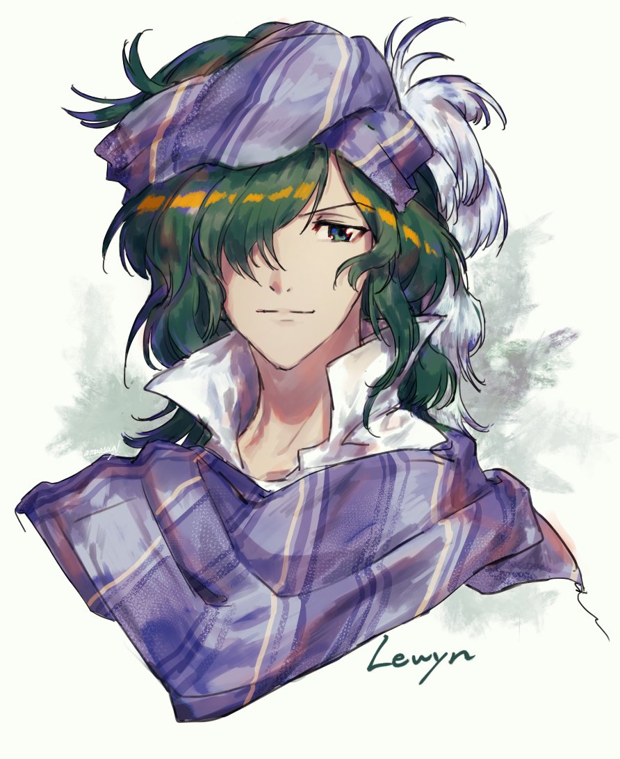 1boy ama_asagi bandana fire_emblem fire_emblem:_genealogy_of_the_holy_war green_eyes green_hair hair_over_one_eye lewyn_(fire_emblem) long_hair looking_at_viewer male_focus messy_hair nintendo painting_(medium) portrait scarf smile solo traditional_media watercolor_(medium) wavy_hair