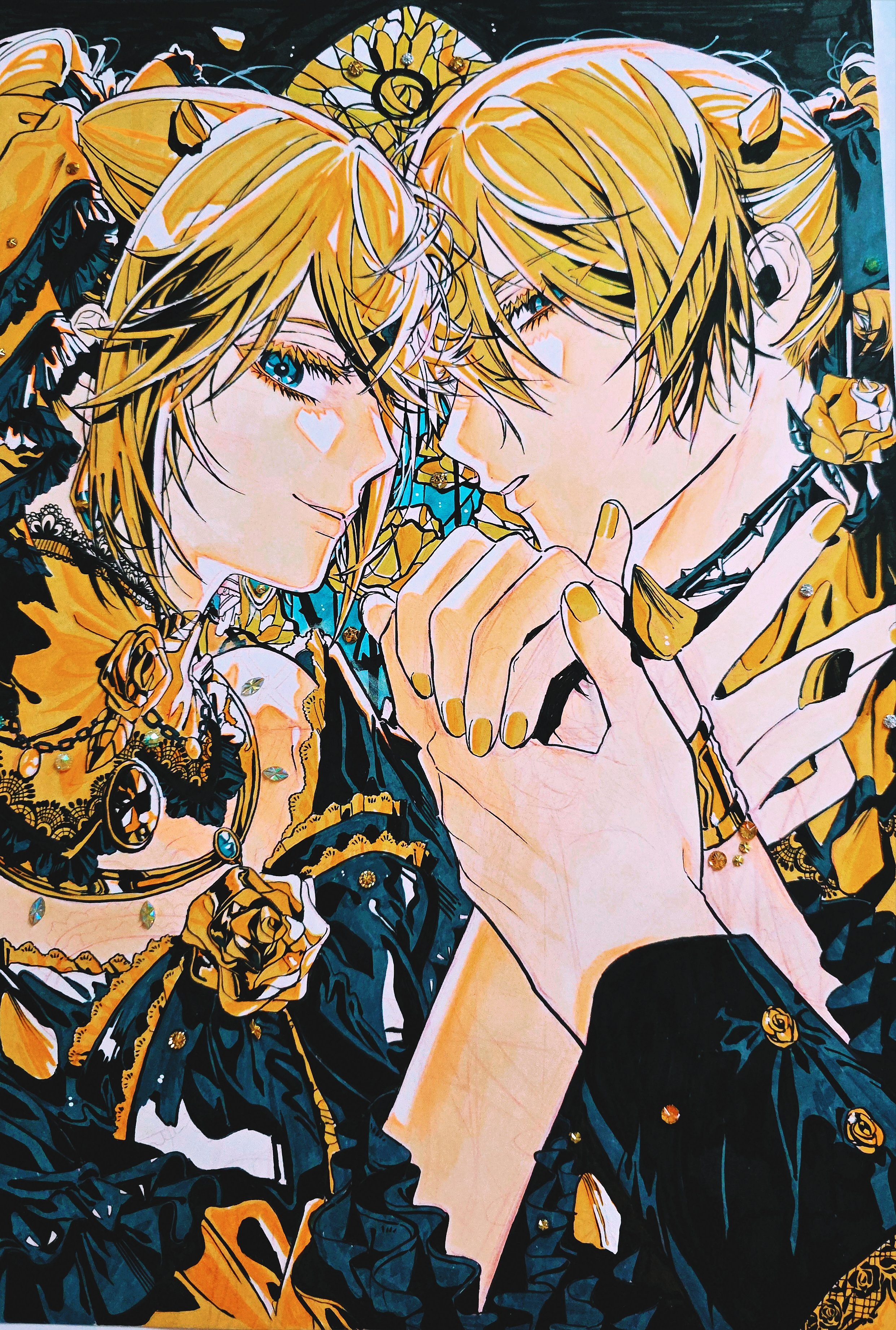 1boy 1girl absurdres aku_no_meshitsukai_(vocaloid) aku_no_musume_(vocaloid) allen_avadonia aqua_eyes aqua_gemstone bare_shoulders black_bow black_dress blonde_hair bow brooch brother_and_sister buttoned_cuffs buttons chain choker collared_coat collared_jacket colored_eyelashes colored_pencil_(medium) cuz_39 dress dress_bow dress_flower evillious_nendaiki face-to-face falling_petals flower forehead-to-forehead frilled_bow frilled_choker frilled_dress frills gem hair_bow heads_together high_ponytail highres holding_hands jacket jewelry kagamine_len kagamine_rin korean_commentary limited_palette marker_(medium) necklace off-shoulder_dress off_shoulder parted_lips petals photo_(medium) ponytail riliane_lucifen_d'autriche rose serious siblings smile stained_glass strapless strapless_dress thorns traditional_media twins two-tone_dress updo vocaloid yellow_bow yellow_choker yellow_dress yellow_flower yellow_gemstone yellow_nails yellow_rose yellow_theme