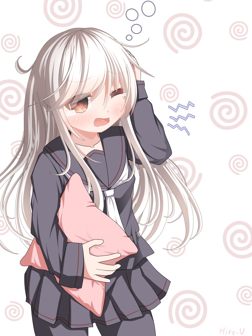 1girl black_pantyhose black_sailor_collar black_serafuku black_shirt black_skirt brown_eyes kantai_collection kikuzuki_(kancolle) neckerchief one-hour_drawing_challenge one_eye_closed pantyhose pillow pleated_skirt sailor_collar school_uniform serafuku shirt skirt sleepy solo spiral_background squeans standing uraguchi_hiiro white_hair white_neckerchief