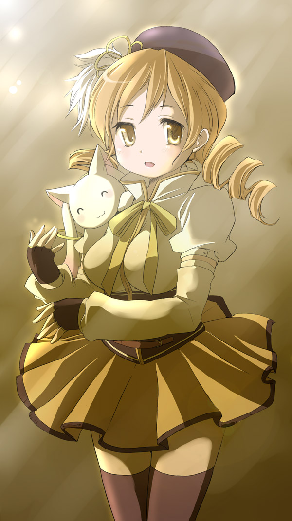 10s ^_^ blonde_hair closed_eyes drill_hair fingerless_gloves gloves hat kyubey long_hair mahou_shoujo_madoka_magica mahou_shoujo_madoka_magica_(anime) skirt thighhighs tomoe_mami tomoe_mami_(magical_girl) twin_drills ubizo yellow_eyes zettai_ryouiki