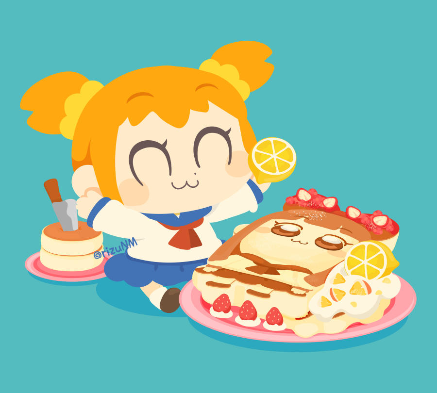 1girl :3 ^_^ aqua_background arms_up artist_name blue_sailor_collar blue_skirt blush blush_stickers brown_shoes character-themed_food closed_eyes closed_mouth commentary_request cream food fruit hair_ornament hair_scrunchie holding holding_food holding_fruit kitchen_knife knife lemon long_sleeves neckerchief orange_hair pancake pipimi plate poptepipic popuko red_neckerchief rizu_(rizunm) sailor_collar school_uniform scrunchie serafuku shirt shoes short_hair short_twintails sidelocks simple_background sitting skirt smile socks solo strawberry twintails twitter_username white_shirt white_socks yellow_scrunchie