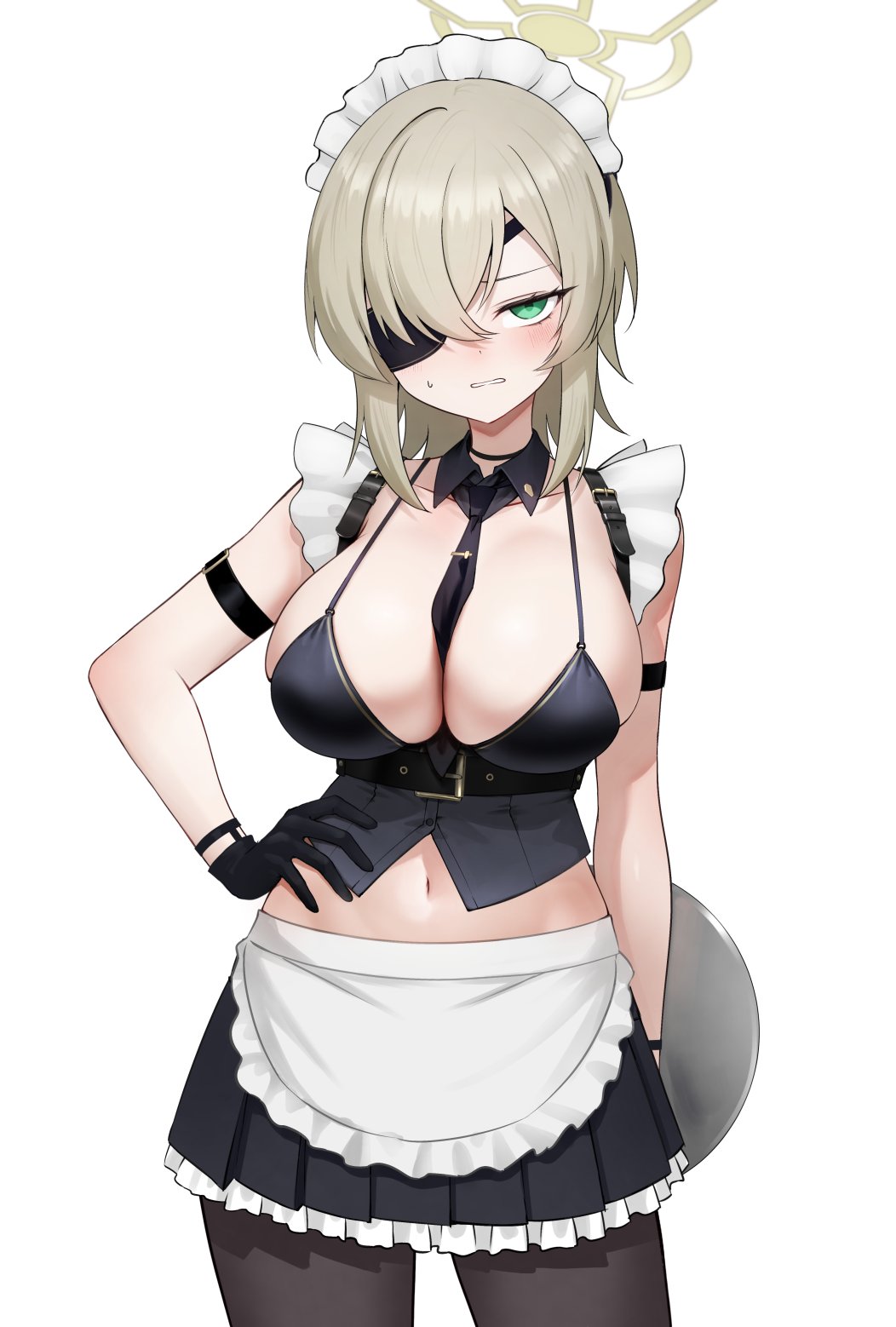 1girl alternate_costume apron arm_strap between_breasts black_choker black_gloves black_necktie black_pantyhose black_skirt blue_archive blush breasts choker cleavage enmaided eyepatch gloves green_eyes hair_between_eyes halo hand_on_own_hip highres holding holding_tray kai_(esugi) large_breasts looking_at_viewer maid maid_headdress medium_hair miniskirt navel necktie necktie_between_breasts pantyhose pleated_skirt simple_background skirt solo suou_(blue_archive) sweat tray waist_apron white_background