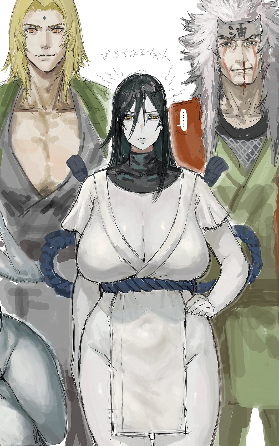 1girl 2boys aroused_nosebleed black_hair blonde_hair blood breasts crystal_necklace curvy facial_mark forehead_mark forehead_protector genderswap genderswap_(ftm) genderswap_(mtf) grey_kimono highres huge_breasts japanese_clothes jiraiya_(naruto) kimono konohagakure_symbol large_breasts long_hair looking_at_viewer makeup mature_female multiple_boys naruto_(classic) naruto_(series) ninja nosebleed orochimaru_(naruto) pale_skin slit_pupils snake tsunade_(naruto) tyawantyawan356 wide_hips yellow_eyes