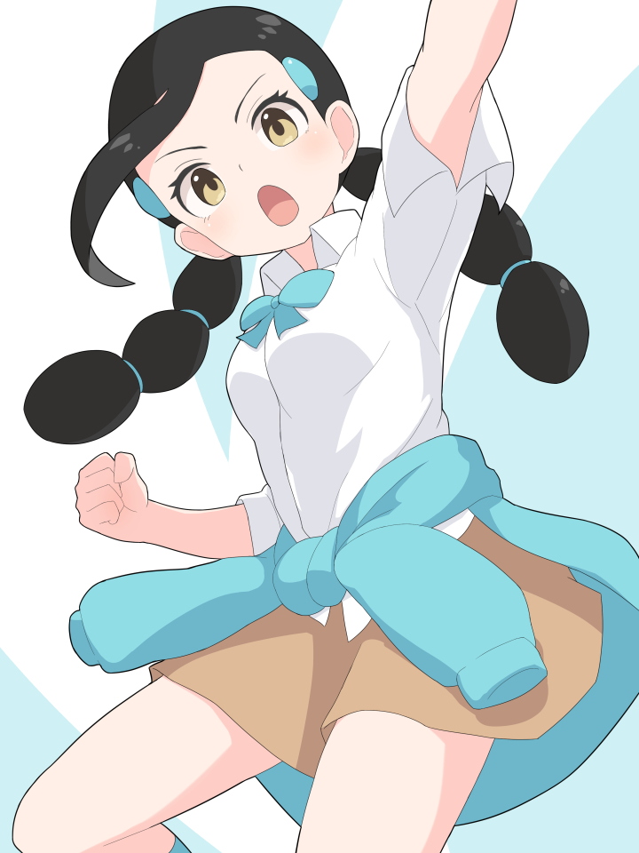1girl :o arm_up black_hair bow bowtie breasts brown_skirt candice_(pokemon) clenched_hand clothes_around_waist collared_shirt commentary_request creatures_(company) eyelashes game_freak hair_ornament hairclip hiyoshipow multi-tied_hair nintendo open_mouth pokemon pokemon_dppt shirt skirt sleeves_rolled_up socks solo sweater sweater_around_waist twintails white_shirt