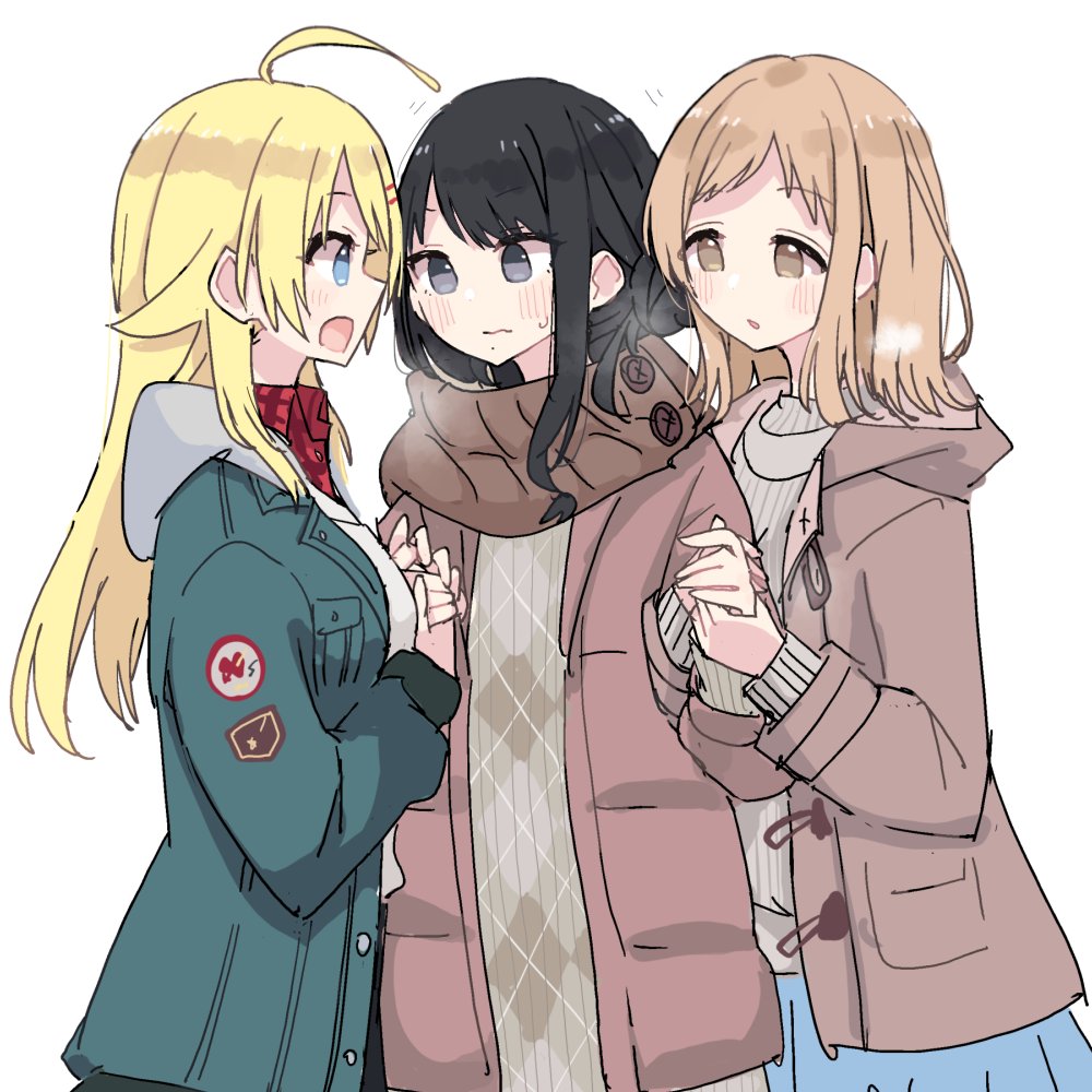 3girls black_eyes black_hair blonde_hair blue_eyes blue_skirt blush brown_eyes brown_hair hachimiya_meguru holding_hands hood hooded_jacket idolmaster idolmaster_shiny_colors illumination_stars_(idolmaster) jacket jealous kazano_hiori long_hair looking_at_another love_triangle multiple_girls open_mouth sakuragi_mano scarf shiroshi_(denpa_eshidan) simple_background skirt sweater white_background yuri