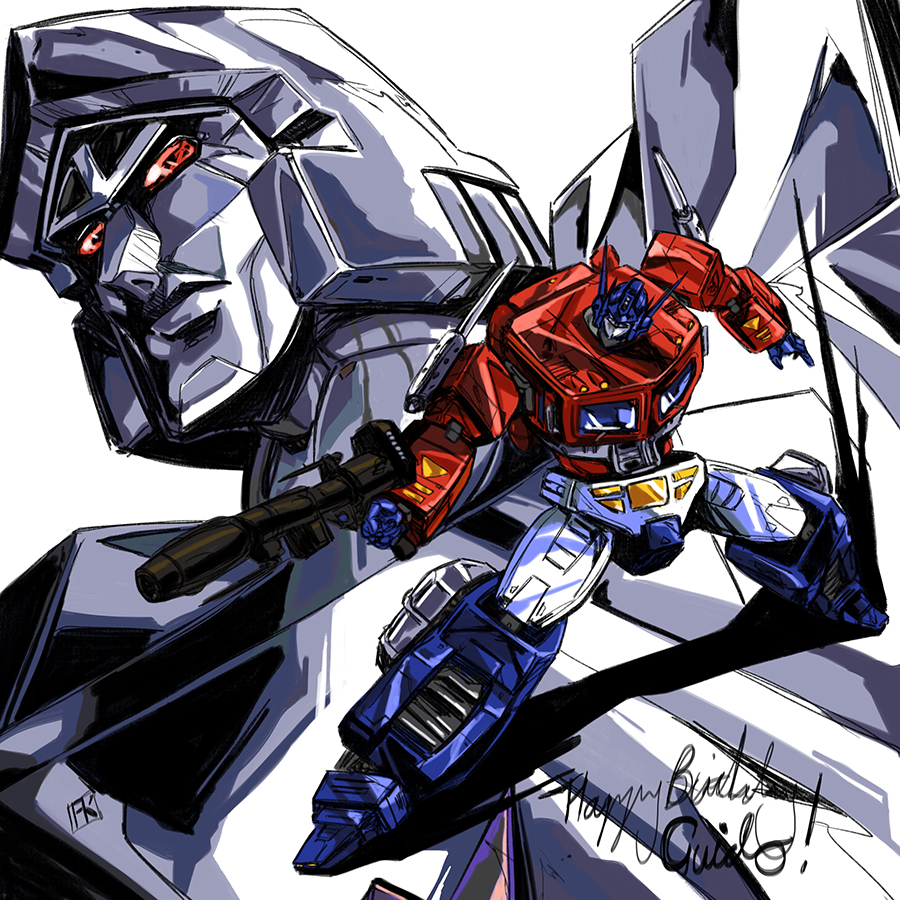 2boys aiming autobot blue_eyes commentary decepticon english_commentary gun happy_birthday hinomars19 holding holding_gun holding_weapon looking_down looking_up mecha megatron multiple_boys no_humans open_hand optimus_prime red_eyes robot transformers weapon
