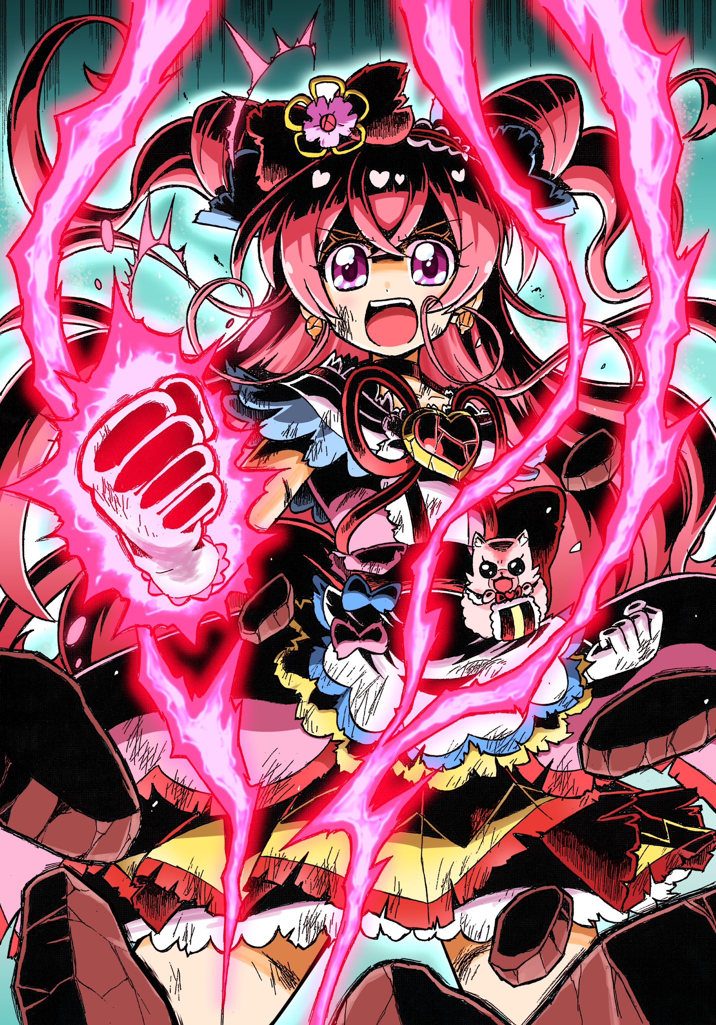 1girl aura bow brooch choker clenched_hands cone_hair_bun crack cure_precious delicious_party_precure double_bun dress earrings gloves hair_bow hair_bun heart heart_brooch highres jewelry kome-kome long_hair looking_at_viewer magical_girl nagomi_yui open_mouth pink_hair precure two_side_up wakabayashi_makoto white_gloves