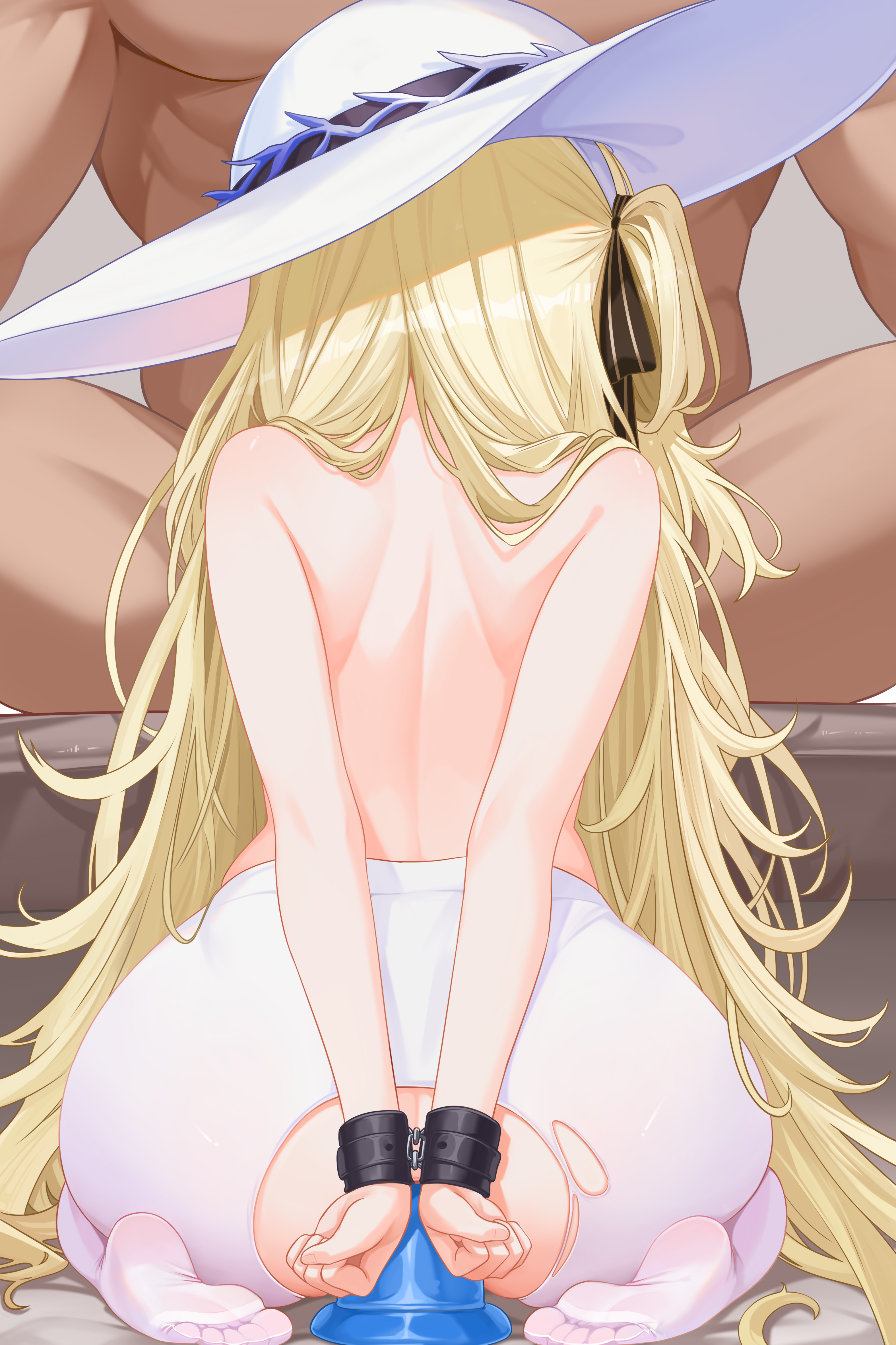 1boy 1girl absurdres anal anal_object_insertion arms_behind_back ass back bare_back black_ribbon blonde_hair bound bound_wrists clenched_hand dildo fellatio from_behind hair_ribbon hairband hat hetero highres implied_fellatio kneeling linhangwei long_hair nude object_insertion oral pantyhose phoebe_(wuthering_waves) restrained ribbon sex_toy sitting soles spread_legs topless_female torn_clothes torn_pantyhose very_long_hair white_hairband white_hat white_pantyhose wuthering_waves
