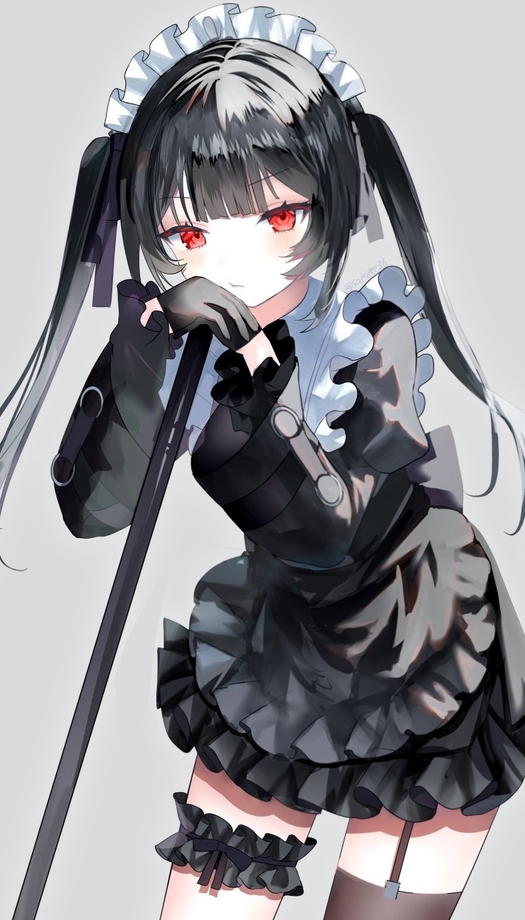 1girl :t apron asymmetrical_legwear black_apron black_dress black_gloves black_hair blush brown_garter_straps brown_thighhighs commentary cowboy_shot dress expressionless frilled_thigh_strap garter_straps gloves grey_background hands_up highres juliet_sleeves leaning_forward leaning_on_broom long_hair long_sleeves looking_at_viewer maid maid_apron maid_headdress mismatched_legwear original puffy_sleeves red_eyes sakizaki_saki-p simple_background single_garter_strap single_thighhigh solo thigh_strap thighhighs twintails waist_apron