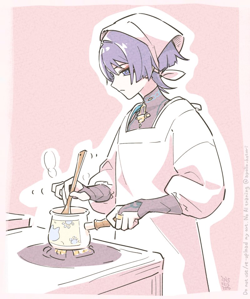 1boy alternate_costume apollo_hotori apron armor black_bodysuit black_bridal_gauntlets blunt_ends bodysuit border bridal_gauntlets bright_pupils closed_mouth cooking cooking_pot eyeliner eyeshadow fire genshin_impact gold_ring holding holding_cooking_pot japanese_armor kappougi kote kurokote makeup male_focus middle_ring outline pink_background purple_eyes purple_hair red_eyeliner red_eyeshadow scaramouche_(genshin_impact) sideways_mouth solo spoon steam stirring stove tenugui three-quarter_sleeves three_quarter_view twitter_username upper_body wanderer_(genshin_impact) white_border white_outline white_pupils white_sleeves wooden_spoon