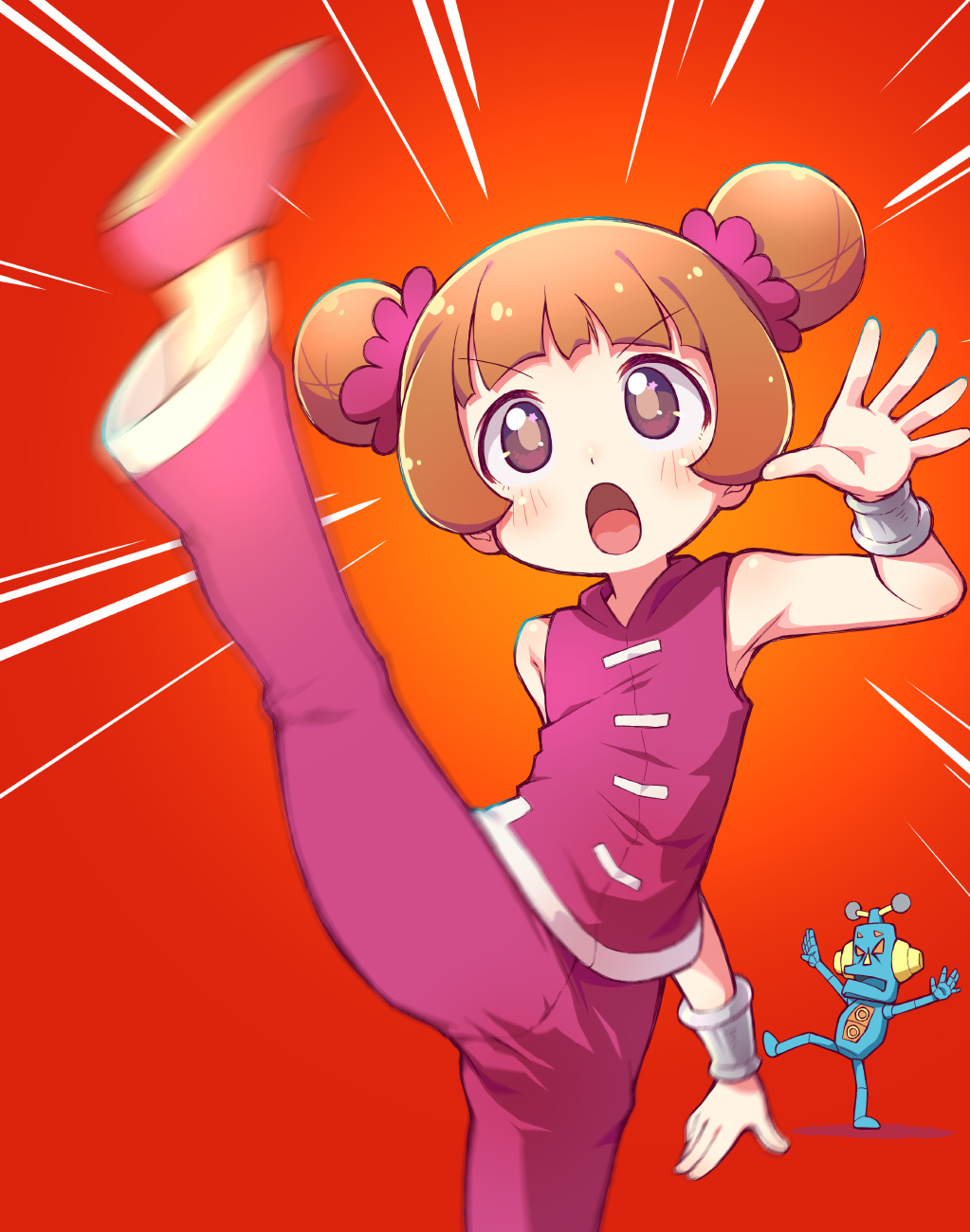 1girl bare_shoulders blush brown_eyes brown_hair cicada_(warioware) commentary_request double_bun emphasis_lines hair_bun high_kick highres kicking leg_up mike_(warioware) motion_blur nintendo open_mouth pants purple_footwear purple_pants purple_shirt red_background robot sakurabe_notos shirt shoe_soles shoes sleeveless sleeveless_shirt solo_focus standing standing_on_one_leg v-shaped_eyebrows warioware