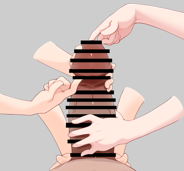1boy 3girls asuka_ruu bar_censor censored commentary_request disembodied_hand erection fudou_devi glansjob grey_background handjob head_out_of_frame hetero kiratto_pri_chan momoyama_hikari multiple_girls penis pretty_series simple_background urethral_fingering yonekura_hisaki