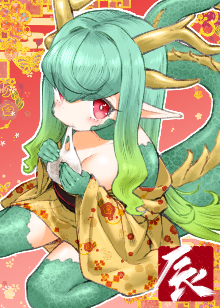 1girl breasts chinese_zodiac cleavage dragon_girl dragon_horns dragon_tail eating egasumi eyelashes female_focus horns japanese_clothes kimono looking_at_viewer medium_breasts nenbuta original pink_background pointy_ears red_eyes scales sitting solo tail wariza year_of_the_dragon yellow_kimono