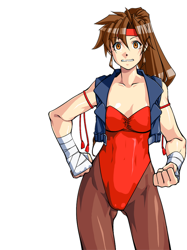 1girl breakers breakers_revenge brown_eyes brown_hair reference_sheet female_focus hand_on_own_hip headband jacket leotard looking_at_viewer matching_hair/eyes pantyhose qkat_(arikawa-dou) simple_background solo strapless strapless_leotard sweatdrop thigh_gap tia_langray vest wrist_wrap