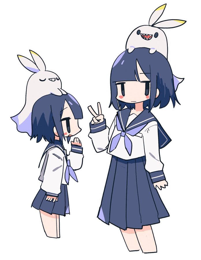 1girl asymmetrical_bangs blue_hair blue_skirt blunt_bangs closed_mouth cropped_legs from_side ghost jitome long_sleeves naka_(buttergirl_02) neckerchief no_nose original pleated_skirt profile purple_neckerchief school_uniform serafuku sharp_teeth sheet_ghost shirt simple_background skirt solid_circle_eyes solid_oval_eyes solo teeth v white_background white_shirt