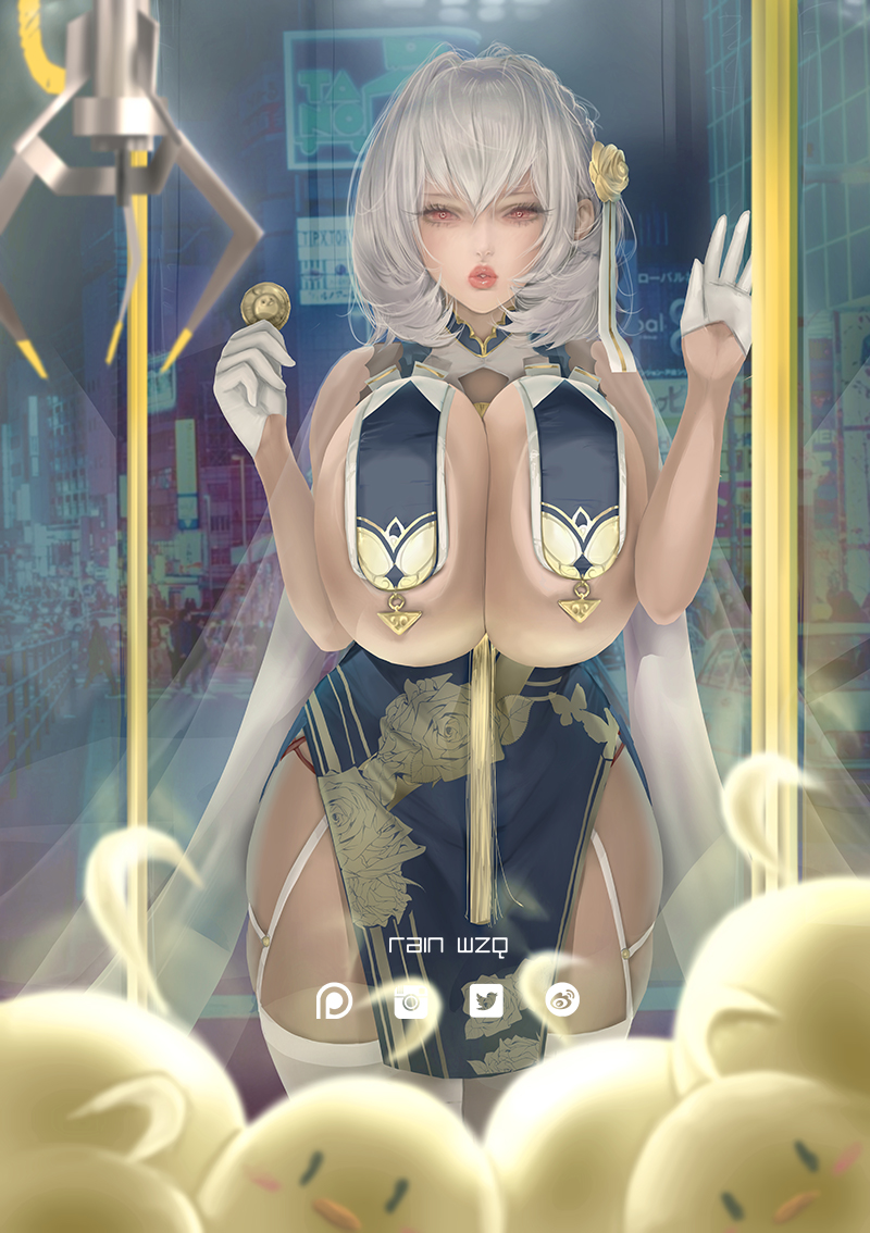 1girl against_glass azur_lane braid breast_curtains breast_press breasts china_dress chinese_clothes coin crane_(machine) crane_game dress flower from_inside garter_straps gloves hair_flower hair_ornament half_gloves holding holding_coin large_breasts manjuu_(azur_lane) neckwear_between_breasts pelvic_curtain pink_eyes pink_lips rain_wzq revealing_clothes side_braid silver_hair sirius_(azur_lane) sirius_(azure_horizons)_(azur_lane) thighhighs thighs white_gloves white_thighhighs