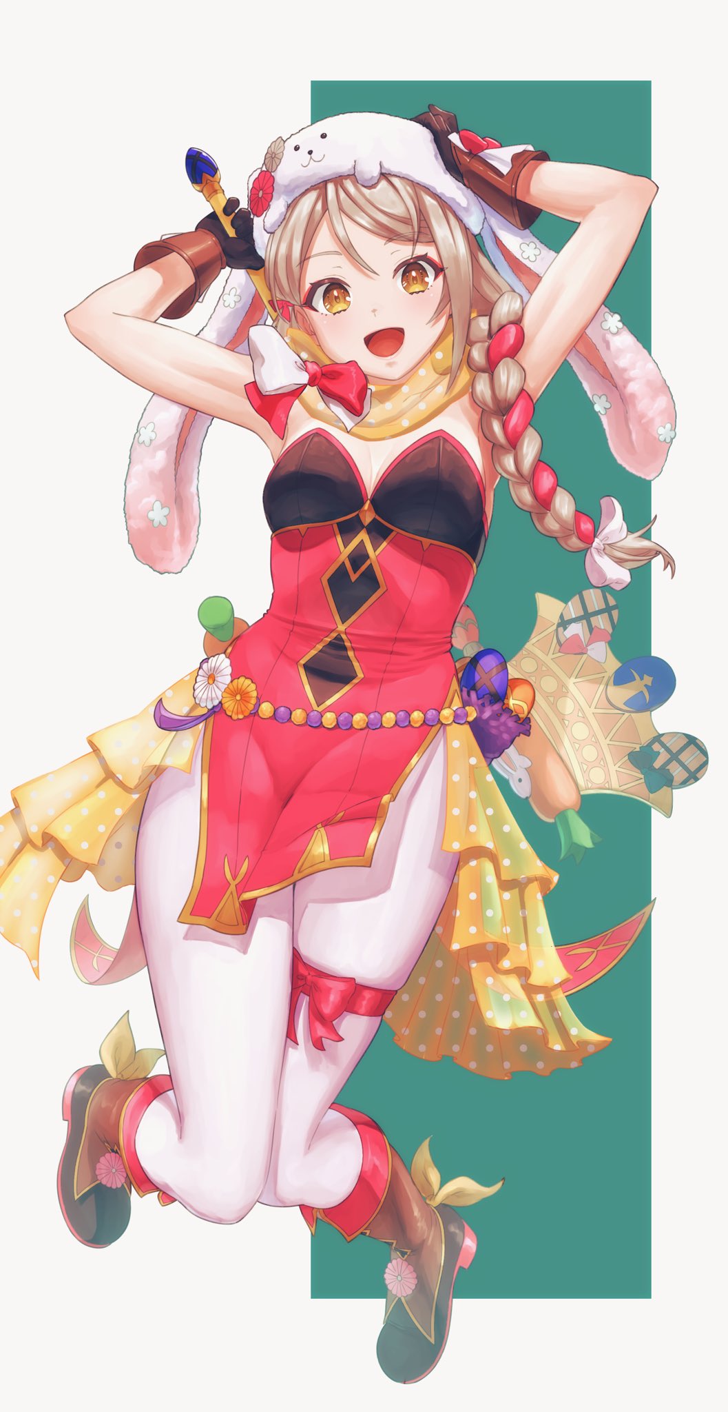 1girl aduti_momoyama animal_hat axe braid braided_ponytail brown_gloves expressive_clothes fire_emblem fire_emblem_engage fire_emblem_heroes framme_(fire_emblem) framme_(spring)_(fire_emblem) gloves hair_over_shoulder hat highres nintendo official_alternate_costume pantyhose pelvic_curtain rabbit_hat scarf solo thigh_strap white_pantyhose yellow_scarf