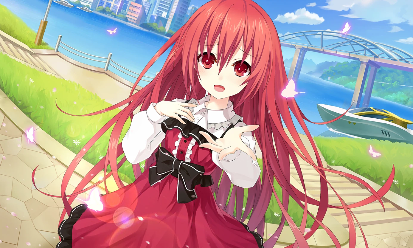 1girl blue_sky boat bridge bug building butterfly cloud date_a_live date_a_live:_spirit_pledge dress dutch_angle game_cg hair_between_eyes insect itsuka_kotori long_hair long_sleeves looking_at_viewer official_art open_mouth outdoors red_dress red_eyes red_hair sky smile solo third-party_source watercraft