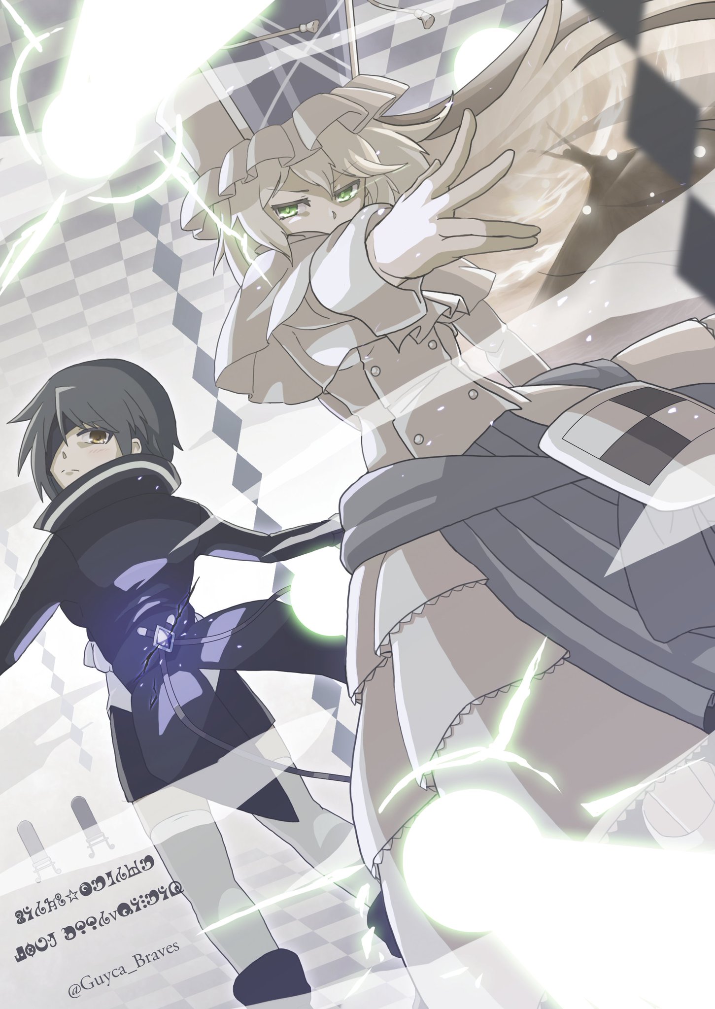 2girls dress eyepatch green_eyes guyca_braves highres kure_kirika long_hair looking_at_viewer madoka_runes magical_girl mahou_shoujo_madoka_magica mahou_shoujo_oriko_magica medium_hair mikuni_oriko multiple_girls orange_eyes white_dress white_hair