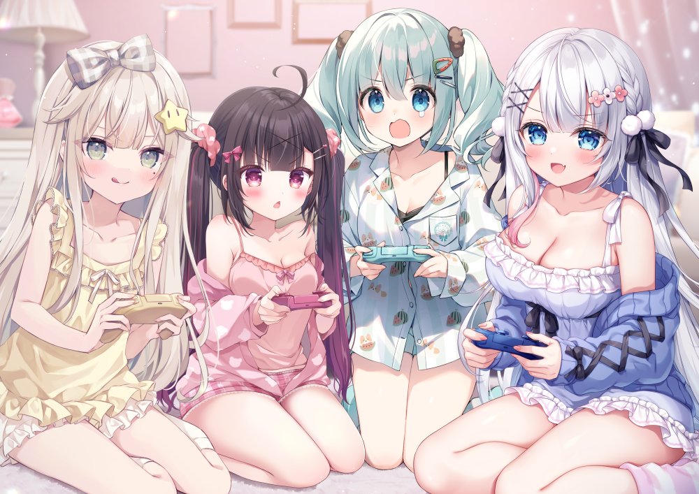 4girls :d :q bare_shoulders black_bow black_hair bloomers blue_eyes blue_hair blue_jacket blurry blurry_background blush bow braid breasts camisole character_request cleavage collaboration_request collarbone collared_shirt commentary_request controller depth_of_field dress dress_shirt fang game_controller gradient_hair grey_eyes grey_hair hair_bow hair_ornament hairclip holding hoshi_(snacherubi) indie_virtual_youtuber jacket kneehighs long_hair long_sleeves medium_breasts mitsuba_choco mitsuba_choco_(vtuber) mole mole_under_eye multicolored_hair multiple_girls off_shoulder open_clothes open_jacket open_mouth pink_camisole pink_hair pink_jacket plaid_bow puffy_long_sleeves puffy_sleeves purple_hair shirt short_shorts shorts sitting sleeveless sleeveless_dress sleeves_past_wrists smile socks star_(symbol) star_hair_ornament streaked_hair striped_clothes striped_socks suimya suimya_(vtuber) teardrop tongue tongue_out twintails underwear very_long_hair virtual_youtuber wavy_mouth white_bloomers white_dress white_shirt white_shorts white_socks x_hair_ornament yellow_dress yokozuwari