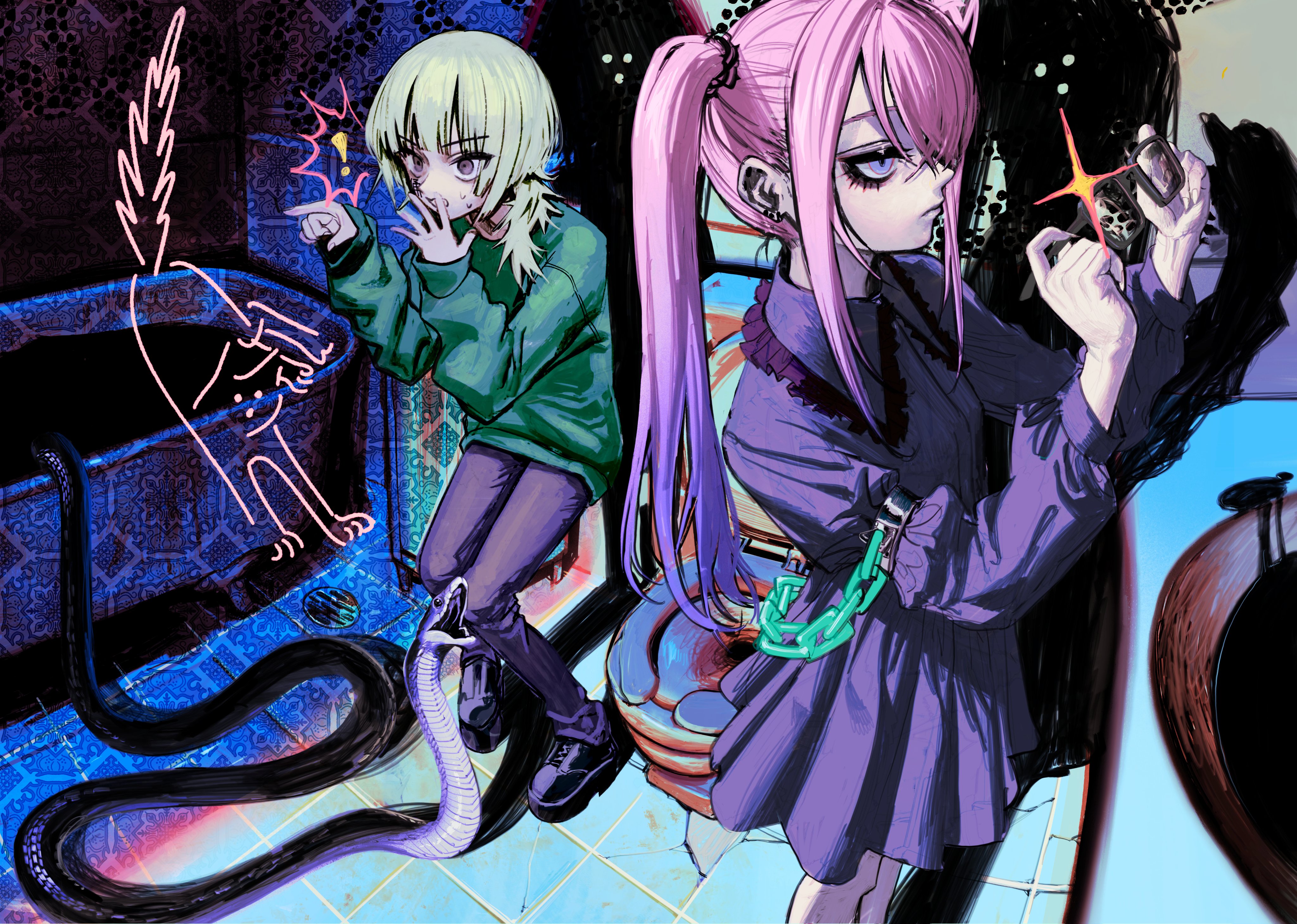 ! 2girls absurdres bad_id bad_twitter_id bath bathroom black_pants black_shoes cat chain collared_dress covering_own_mouth drain_(object) dress expressionless gradient_hair green_hoodie hand_over_own_mouth hands_up highres holding holding_removed_eyewear hood hoodie indoors long_hair long_sleeves multicolored_hair multiple_girls nervous_sweating original pants pink_hair pointing purple_dress purple_eyes purple_skirt shadow shoes short_hair skirt snake sparkle spoken_exclamation_mark standing surprised sweat toilet twintails unworn_eyewear yu_(stdio_nameraka)