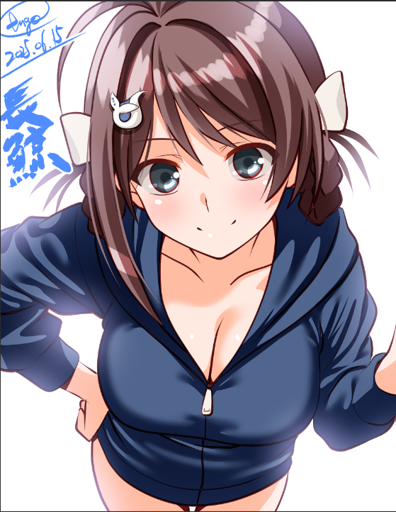 1girl ahoge alternate_costume artist_name blue_jacket braid braided_hair_rings breasts brown_hair character_name chougei_(kancolle) cleavage cowboy_shot dated engo_(aquawatery) grey_eyes hair_ornament hair_rings hood hooded_jacket jacket kantai_collection large_breasts long_hair one-hour_drawing_challenge solo twin_braids whale_hair_ornament