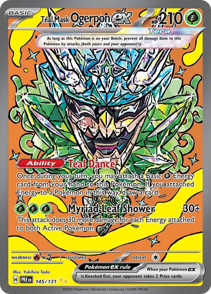 artist_name card_(medium) character_name company_name copyright_name copyright_notice english_text holding holding_mask mask nintendo official_art ogerpon ogerpon_(teal_mask) pokemon pokemon_(creature) pokemon_card pokemon_focus pokemon_tcg smile solo sparkle tada_yukihiro terastallization third-party_source trading_card yellow_eyes