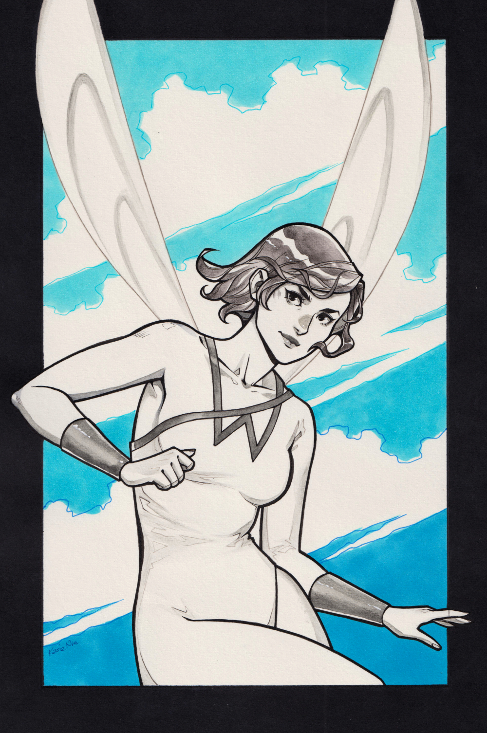 1girl black_border border breasts cloud commentary english_commentary greyscale_with_colored_background highres insect_wings janet_van_dyne kasia_nie light_smile lips marker_(medium) marvel medium_breasts medium_hair outside_border solo superhero_costume traditional_media unitard wasp_(marvel) wings