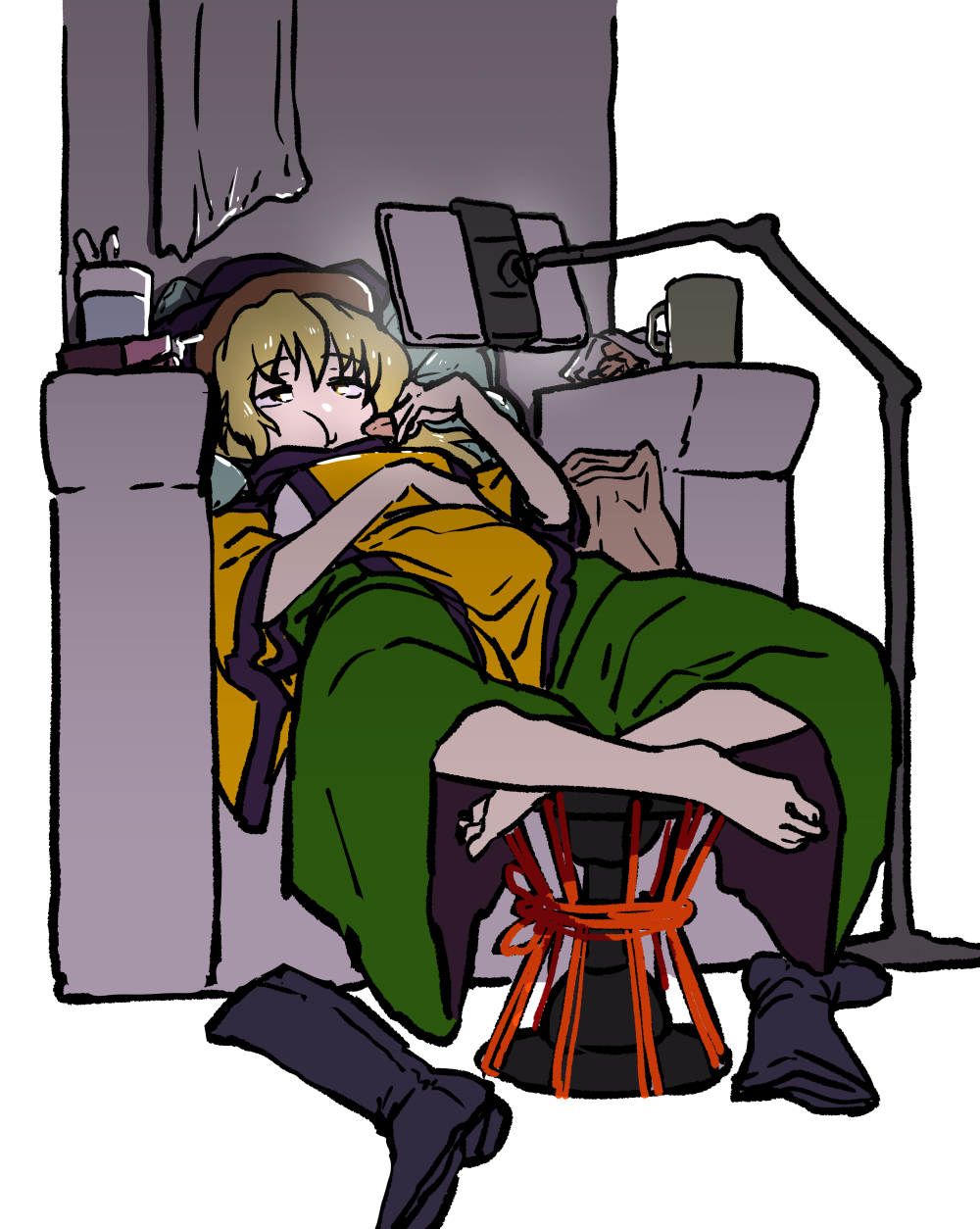 1girl barefoot black_boots black_hat blonde_hair boots chair chips_(food) closed_mouth commentary_request cup detached_sleeves eating food full_body green_skirt hat henriiku_(ahemaru) highres long_hair matara_okina potato_chips reclining shirt simple_background skirt solo tablet_pc touhou unworn_boots white_background white_shirt yellow_eyes yellow_sleeves yellow_tabard