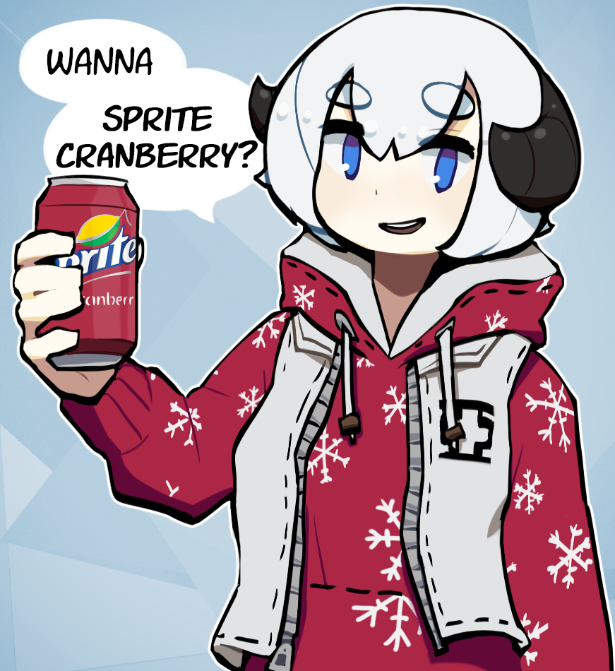 1girl blue_eyes can cosplay d-floe english_text holding holding_can hood hoodie horns lebron_james lebron_james_(cosplay) long_sleeves looking_at_viewer meme original parted_lips real_life red_hoodie short_hair smile solo sprite_(drink) teeth upper_teeth_only white_hair
