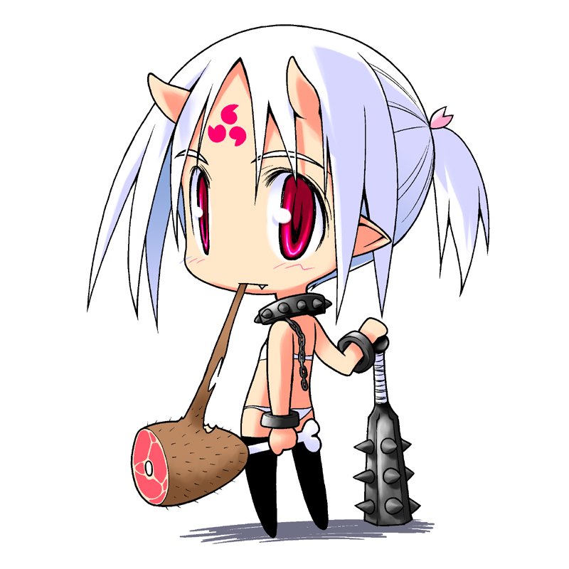 1girl ajin_(sakurai_gamon) boned_meat chain chibi club_(weapon) deformed food holding holding_club holding_weapon horns jue_(wuthering_waves) kurosu_tsugutoshi meat monster_boy monster_girl oni original weapon