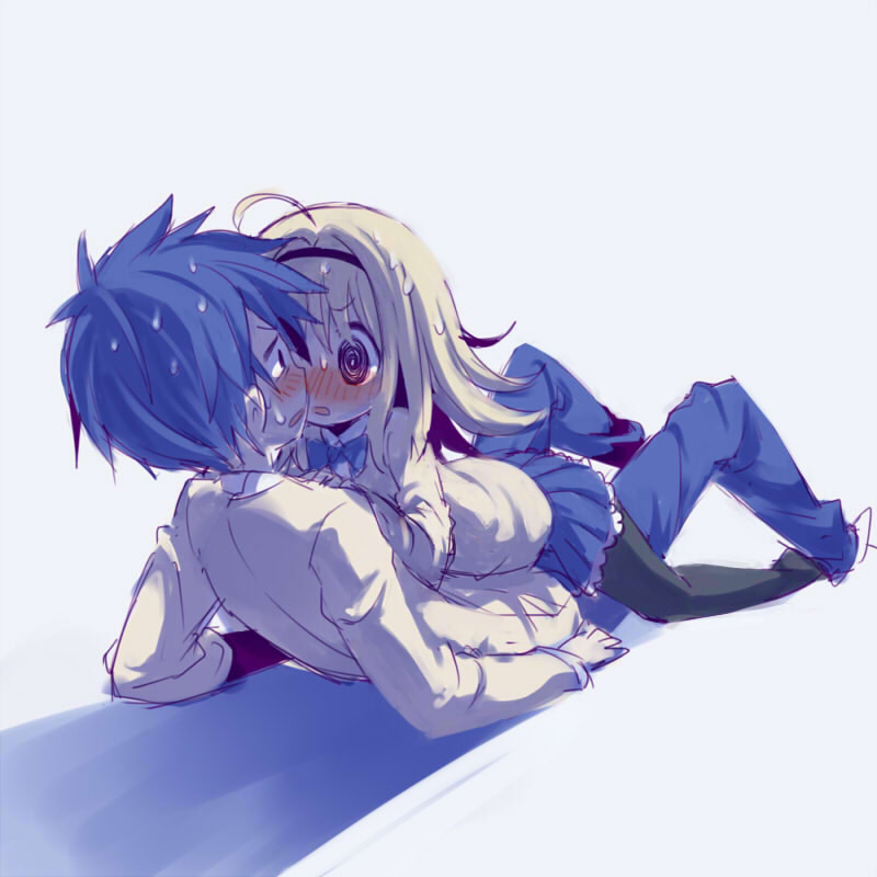 00s 1boy 1girl @_@ ahoge blazer blonde_hair blue_background blue_hair blue_skirt blue_theme blush bow bowtie brother_and_sister chaos;head collared_shirt frilled_skirt frills girl_on_top hairband jacket lying mamimu_(ma-mi-mu.me) nishijou_nanami nishijou_takumi on_back open_mouth pantyhose parted_lips pleated_skirt shadow shirt siblings simple_background sketch skirt sweat sweatdrop