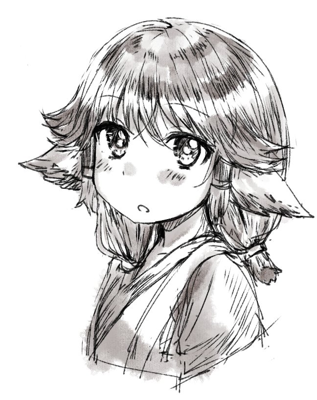1girl animal_ears aruruu blush breasts collarbone dress from_side greyscale hair_between_eyes low_twintails medium_hair monochrome nike_abc parted_lips raised_eyebrows sidelocks sketch small_breasts solo twintails utawarerumono