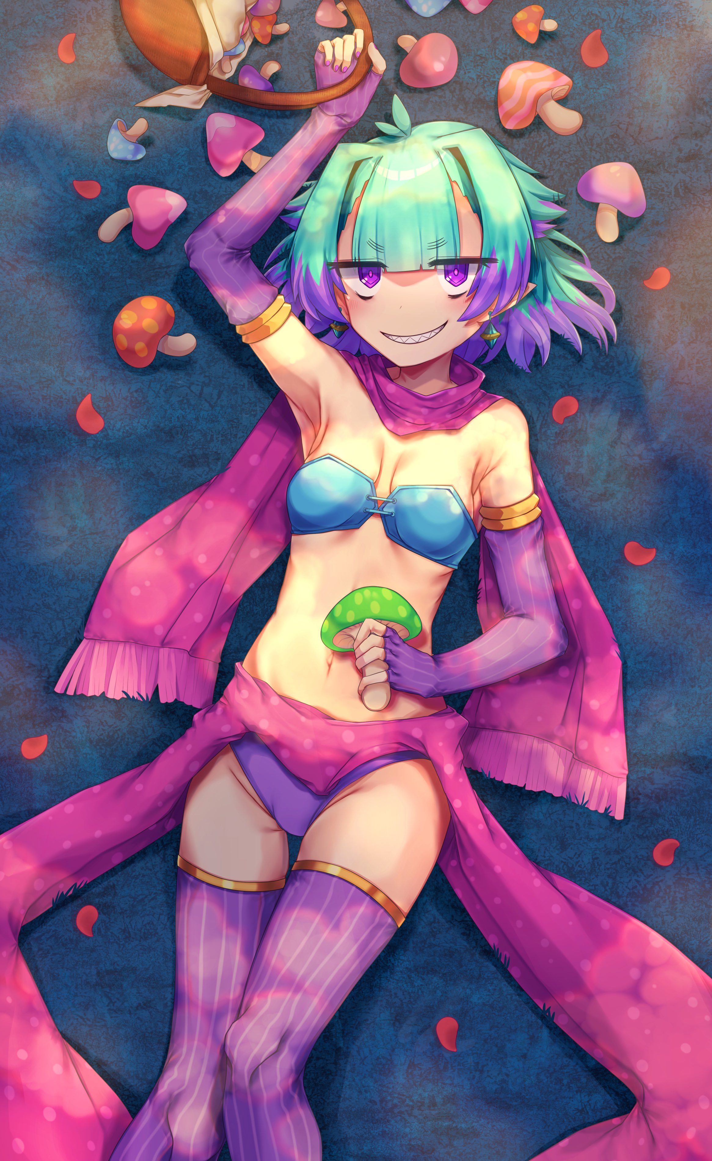 1girl absurdres basket blush breasts commentary_request earrings elbow_gloves fate/grand_order fate_(series) fingerless_gloves gloves green_hair highres holding holding_basket holding_mushroom jewelry kibinago_(kibinago614) locusta_(fate) locusta_(third_ascension)_(fate) looking_at_viewer multicolored_hair mushroom navel on_ground petals pointy_ears purple_eyes purple_gloves purple_hair purple_scarf scarf sharp_teeth short_hair small_breasts smile solo teeth two-tone_hair